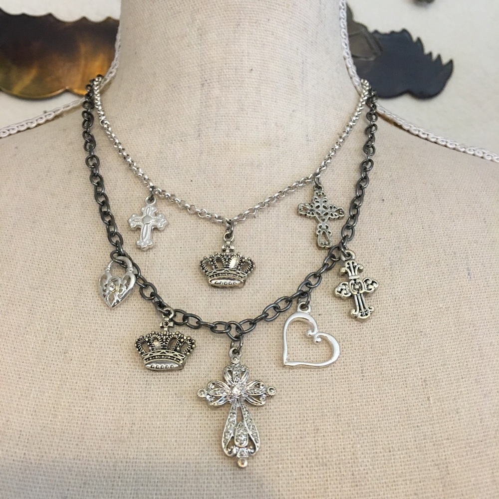 Two tone rhinestone cross charm necklace